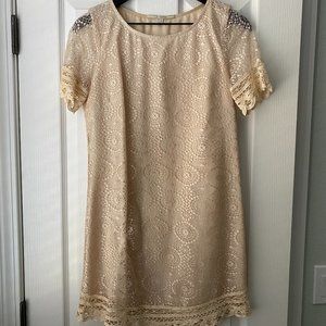 Wendy Katlen Beige Lace Crochet Shift Dress (Size 4)